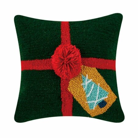 PUESTA EN ESCENA 14 x 14 in. Green Gift with Pom Pom Polyester Filler Hook Pillow PU3117394